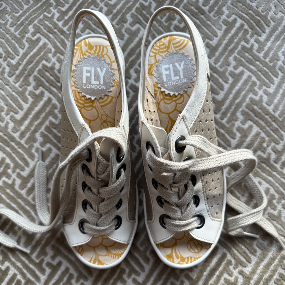 Fly London Beige and White Wedges